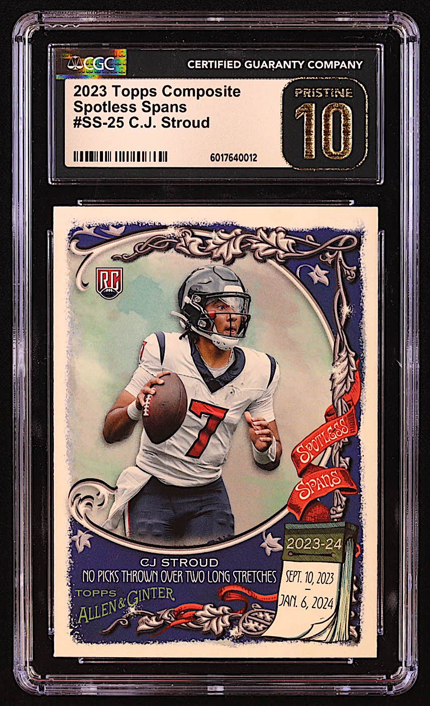 CJ Stroud 2023 Topps Composite Spotless Spans #SS25 RC (CGC 10 | Pristine Black Label) at PristineAuction.com CJ Stroud 2023 Topps Composite Spotless Spans #SS25 RC (CGC 10 | Pristine Black Label) at PristineAuction.com