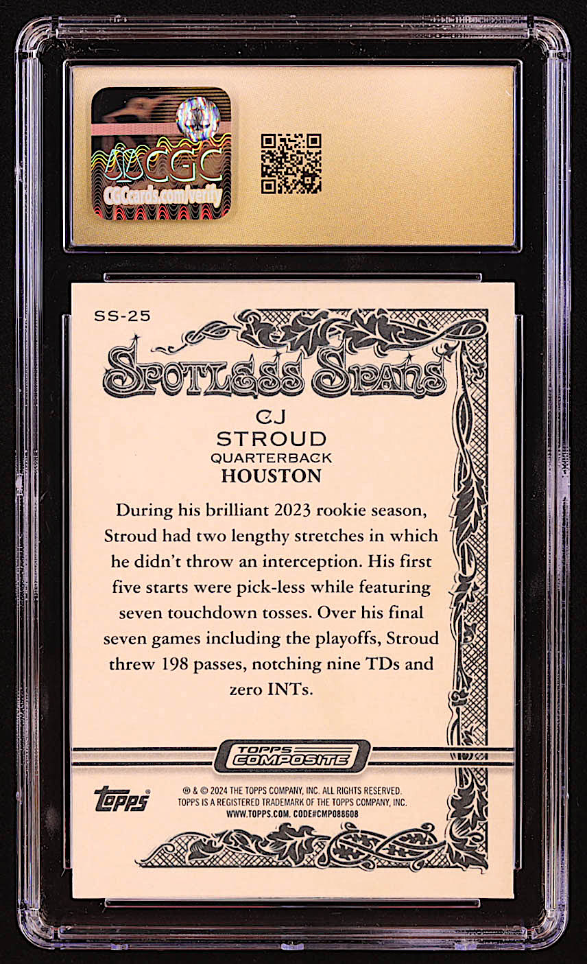 CJ Stroud 2023 Topps Composite Spotless Spans #SS25 RC (CGC 10 | Pristine Black Label) at PristineAuction.com CJ Stroud 2023 Topps Composite Spotless Spans #SS25 RC (CGC 10 | Pristine Black Label) at PristineAuction.com