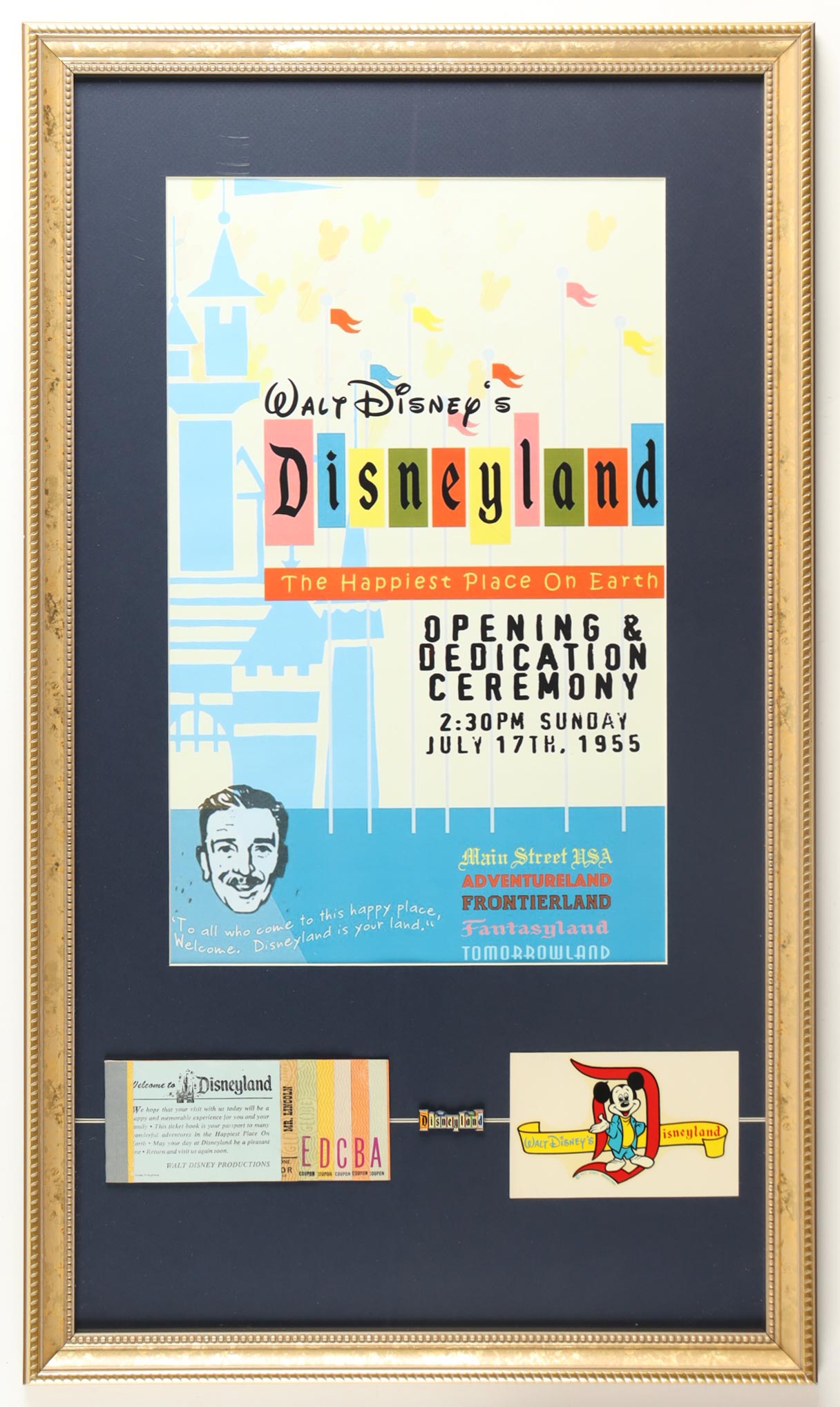 Disneyland "Opening & Dedication Ceremony" Custom Framed Print Display With Vintage Opening Day Pin, Decal & A-E Ticket Book at PristineAuction.com Disneyland "Opening & Dedication Ceremony" Custom Framed Print Display With Vintage Opening Day Pin, Decal & A-E Ticket Book at PristineAuction.com
