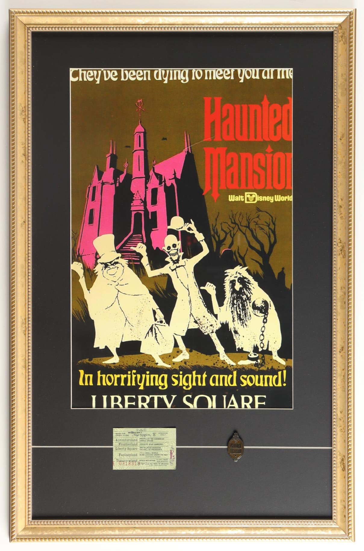 Disney World "Haunted Mansion" Custom Framed Print Display with E Ticket Book & Official Ride Pin at PristineAuction.com Disney World "Haunted Mansion" Custom Framed Print Display with E Ticket Book & Official Ride Pin at PristineAuction.com