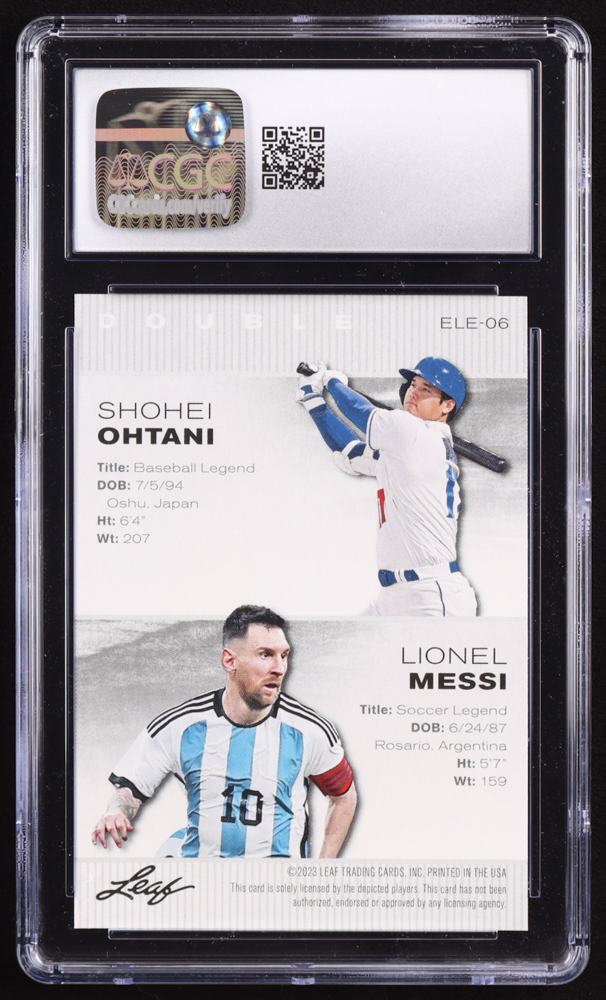 Shohei Ohtani / Lionel Messi 2023 Leaf Special Release Exclusive Legends Edition #ELE06 (CGC 10) at PristineAuction.com Shohei Ohtani / Lionel Messi 2023 Leaf Special Release Exclusive Legends Edition #ELE06 (CGC 10) at PristineAuction.com