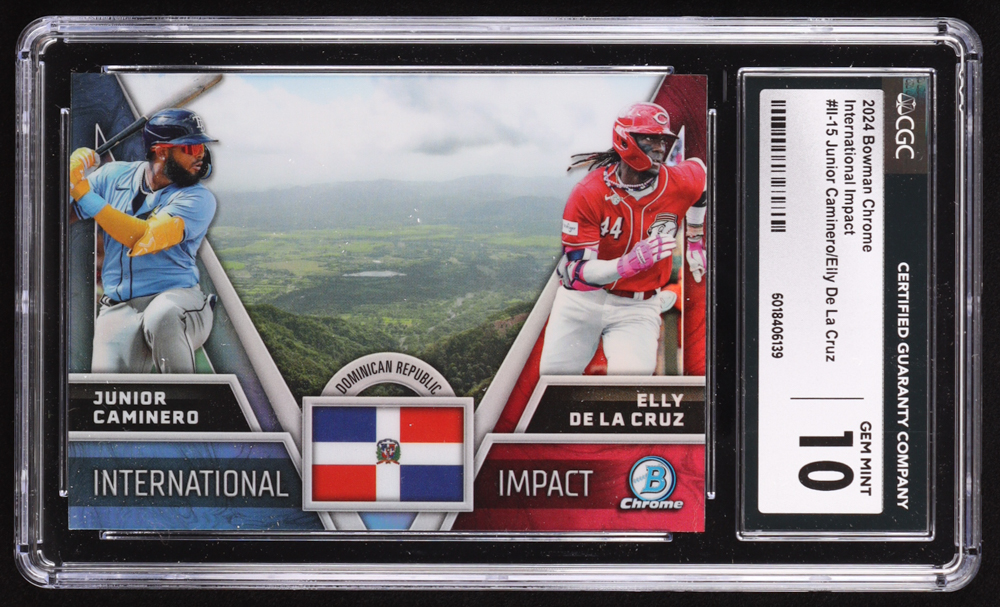 Elly De La Cruz / Junior Caminero 2024 Bowman Chrome International Impact #II15 RC (CGC 10) at PristineAuction.com Elly De La Cruz / Junior Caminero 2024 Bowman Chrome International Impact #II15 RC (CGC 10) at PristineAuction.com