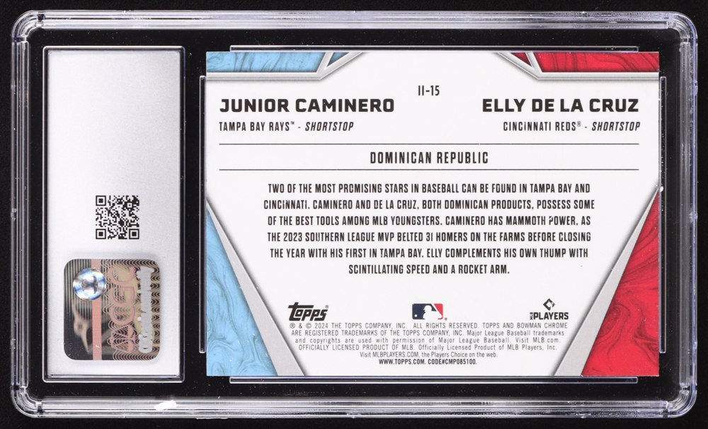 Elly De La Cruz / Junior Caminero 2024 Bowman Chrome International Impact #II15 RC (CGC 10) at PristineAuction.com Elly De La Cruz / Junior Caminero 2024 Bowman Chrome International Impact #II15 RC (CGC 10) at PristineAuction.com
