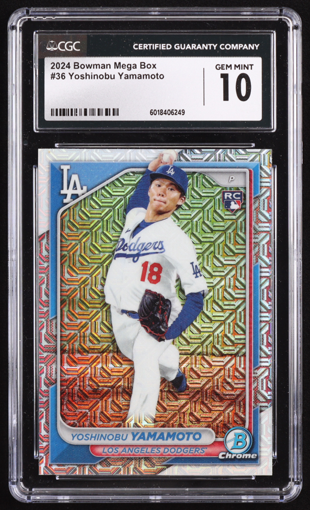 Yoshinobu Yamamoto 2024 Bowman Chrome Mega Box #36 RC (CGC 10) at PristineAuction.com Yoshinobu Yamamoto 2024 Bowman Chrome Mega Box #36 RC (CGC 10) at PristineAuction.com