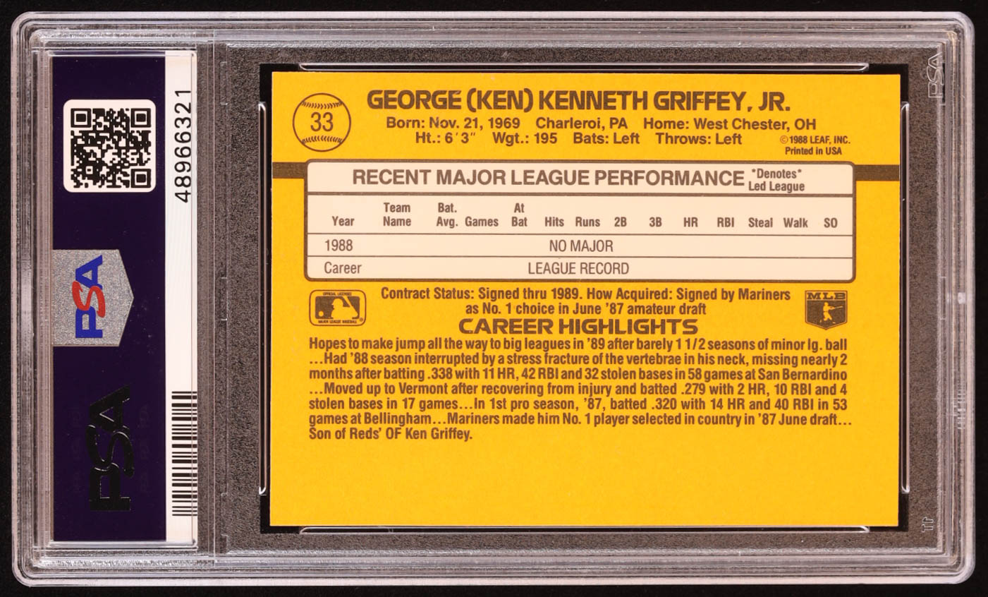 Ken Griffey Jr. 1989 Donruss #33 RR RC (PSA 9) at PristineAuction.com Ken Griffey Jr. 1989 Donruss #33 RR RC (PSA 9) at PristineAuction.com