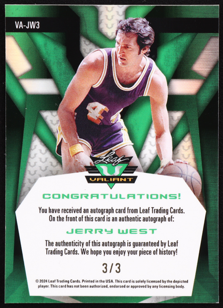 Jerry West 2024 Leaf Valiant Autograph Prismatic Silver #VAJW3 #3/3 at PristineAuction.com Jerry West 2024 Leaf Valiant Autograph Prismatic Silver #VAJW3 #3/3 at PristineAuction.com