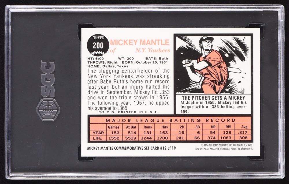 Mickey Mantle 1996 Topps Mantle Finest Refractors #12 1962 Topps (SGC 9) at PristineAuction.com Mickey Mantle 1996 Topps Mantle Finest Refractors #12 1962 Topps (SGC 9) at PristineAuction.com