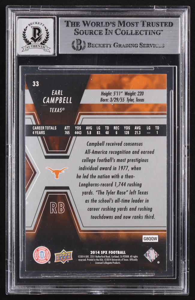 Earl Campbell Signed 2014 SPx #33 (BGS | Auto 10) at PristineAuction.com Earl Campbell Signed 2014 SPx #33 (BGS | Auto 10) at PristineAuction.com