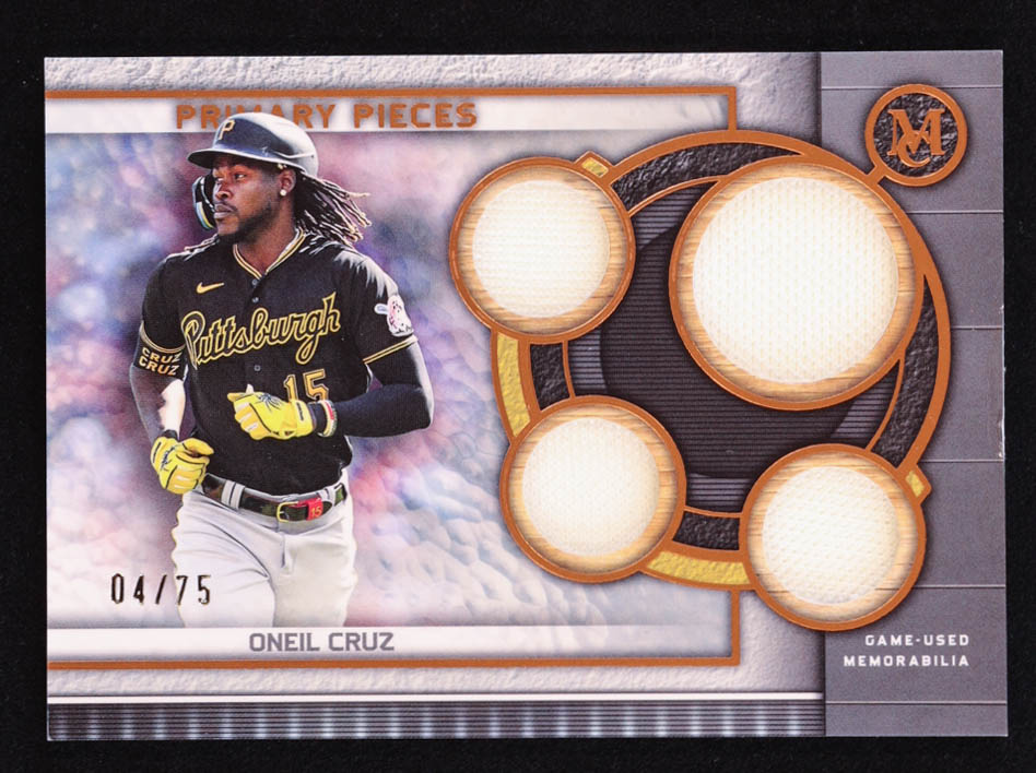 Oneil Cruz 2023 Topps Museum Collection Primary Pieces Quad Relics Copper #SPPPQROC #4/75 at PristineAuction.com Oneil Cruz 2023 Topps Museum Collection Primary Pieces Quad Relics Copper #SPPPQROC #4/75 at PristineAuction.com