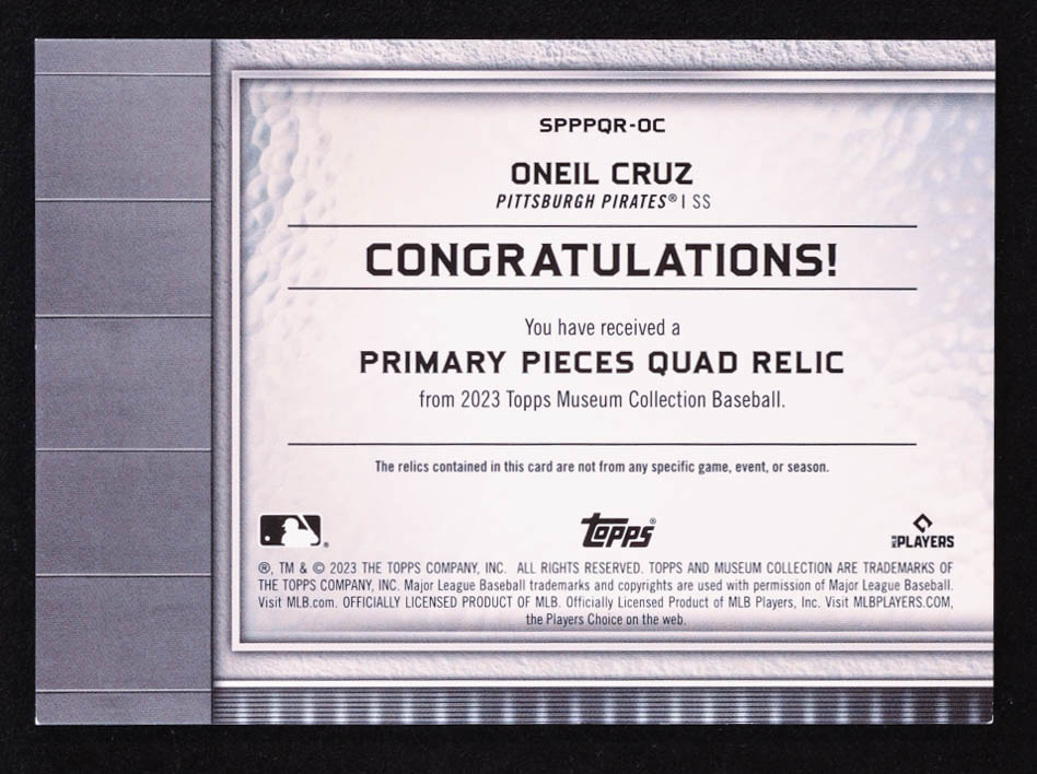 Oneil Cruz 2023 Topps Museum Collection Primary Pieces Quad Relics Copper #SPPPQROC #4/75 at PristineAuction.com Oneil Cruz 2023 Topps Museum Collection Primary Pieces Quad Relics Copper #SPPPQROC #4/75 at PristineAuction.com
