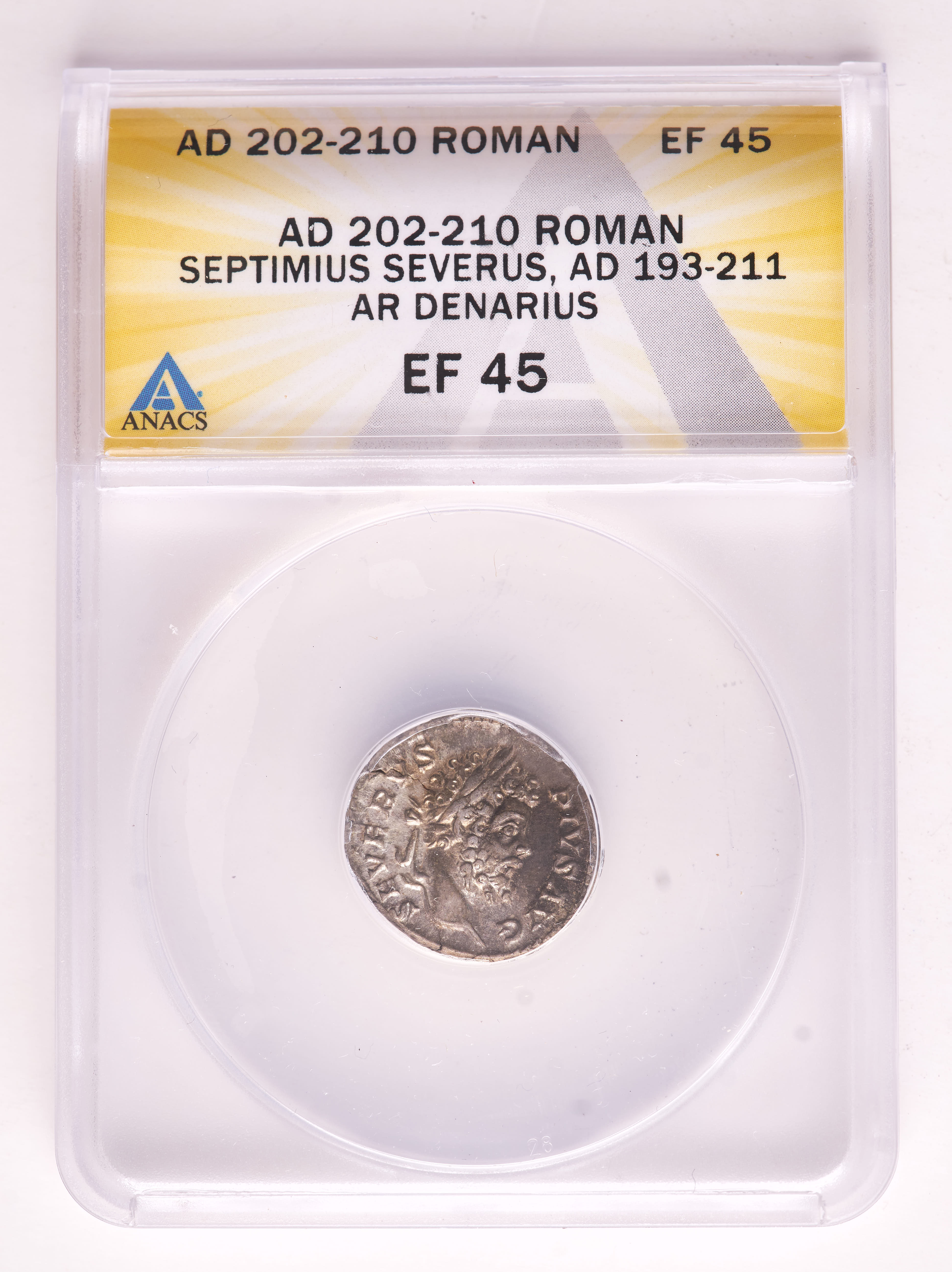 Septimius Severus (A.D. 193-211) Ancient Roman Empire AR Denarius Silver Coin (ANACS XF45) at PristineAuction.com Septimius Severus (A.D. 193-211) Ancient Roman Empire AR Denarius Silver Coin (ANACS XF45) at PristineAuction.com