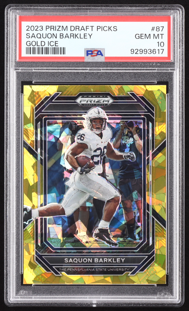 Saquon Barkley 2023 Panini Prizm Draft Picks Prizms Gold Ice #87 (PSA 10) at PristineAuction.com Saquon Barkley 2023 Panini Prizm Draft Picks Prizms Gold Ice #87 (PSA 10) at PristineAuction.com