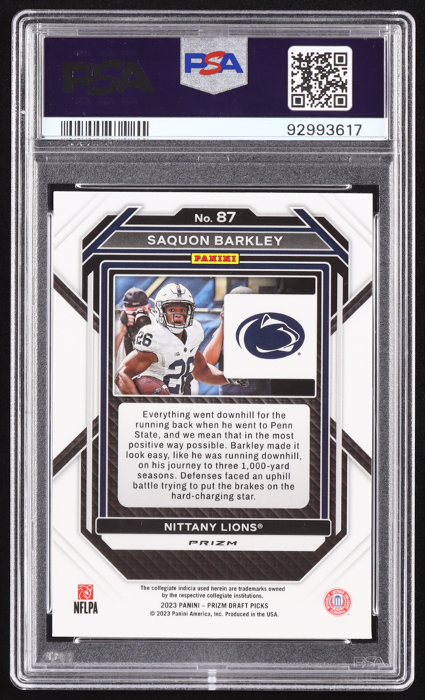 Saquon Barkley 2023 Panini Prizm Draft Picks Prizms Gold Ice #87 (PSA 10) at PristineAuction.com Saquon Barkley 2023 Panini Prizm Draft Picks Prizms Gold Ice #87 (PSA 10) at PristineAuction.com