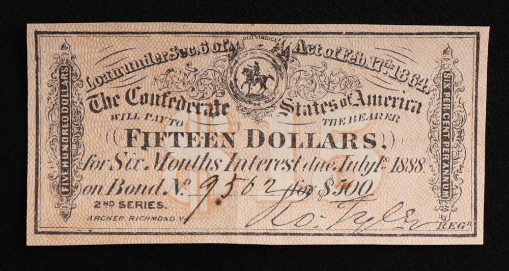 1864 $15 Confederate States of America CSA Bank Note Bond at PristineAuction.com 1864 $15 Confederate States of America CSA Bank Note Bond at PristineAuction.com