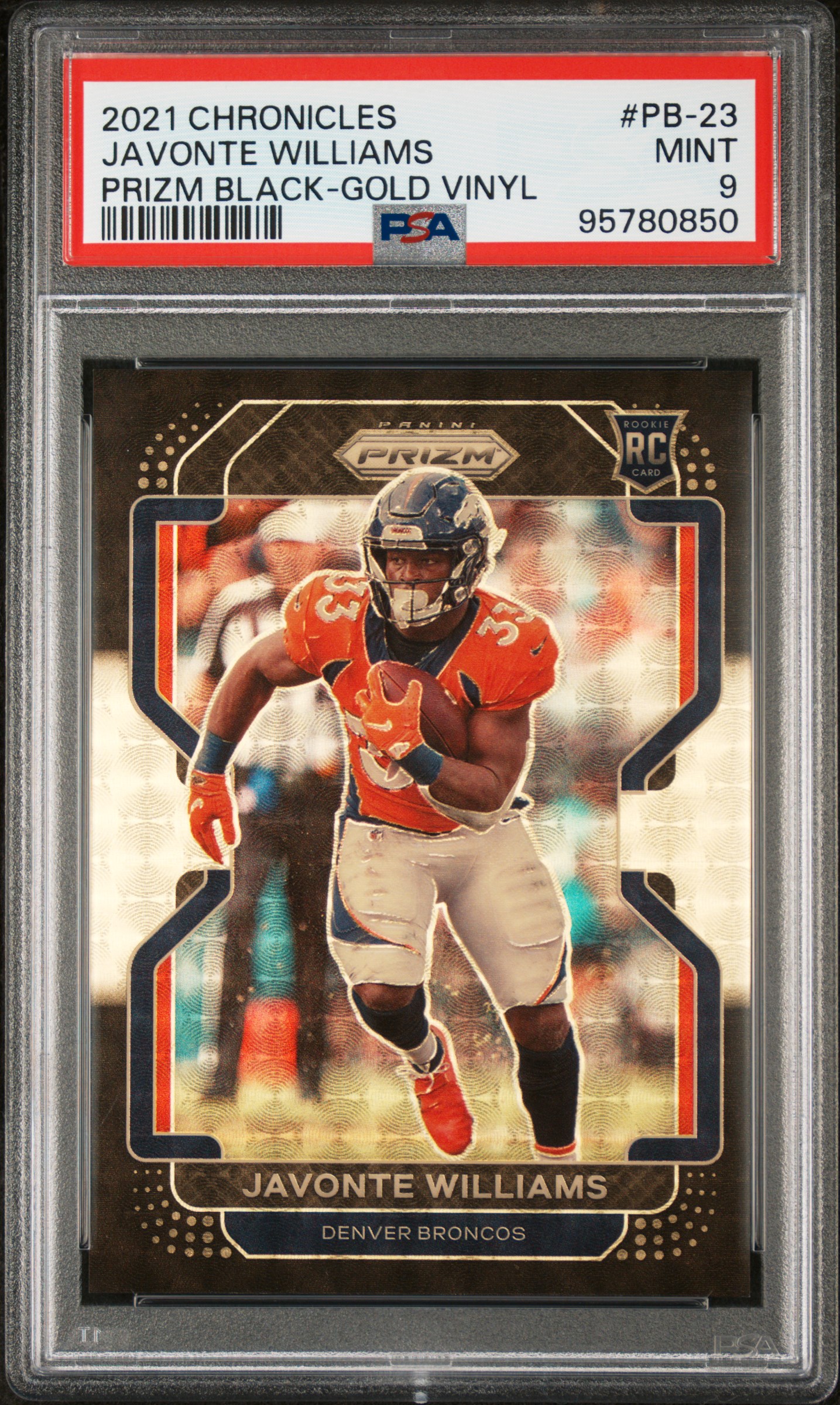 Javonte Williams 2021 Chronicles Prizm Black Gold Vinyl #PB-23 RC #5/5 (PSA 9) at PristineAuction.com Javonte Williams 2021 Chronicles Prizm Black Gold Vinyl #PB-23 RC #5/5 (PSA 9) at PristineAuction.com