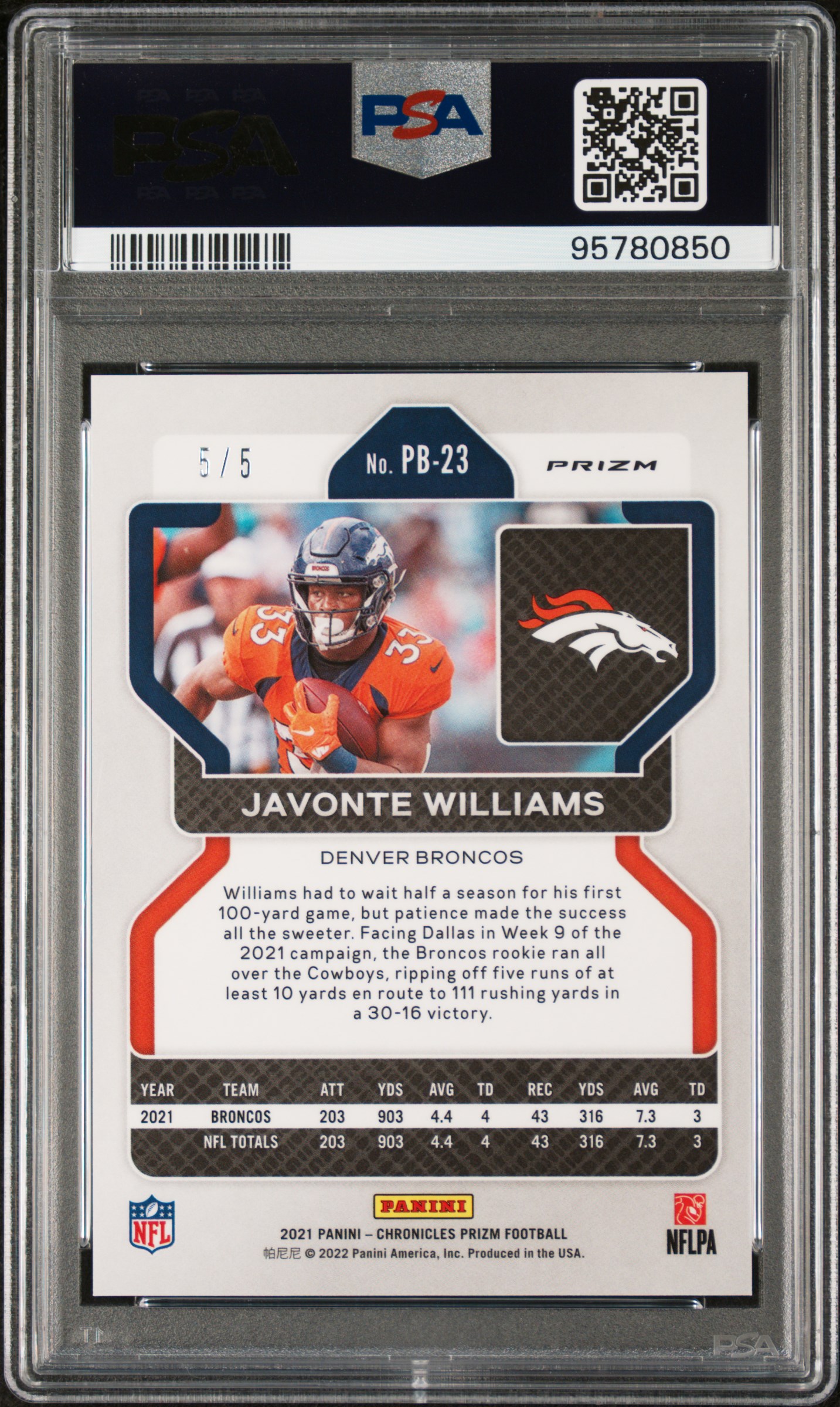 Javonte Williams 2021 Chronicles Prizm Black Gold Vinyl #PB-23 RC #5/5 (PSA 9) at PristineAuction.com Javonte Williams 2021 Chronicles Prizm Black Gold Vinyl #PB-23 RC #5/5 (PSA 9) at PristineAuction.com
