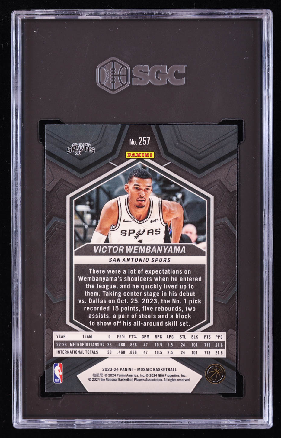 Victor Wembanyama 2023-24 Panini Mosaic #257 NBA Debut RC (SGC 9.5) at PristineAuction.com Victor Wembanyama 2023-24 Panini Mosaic #257 NBA Debut RC (SGC 9.5) at PristineAuction.com