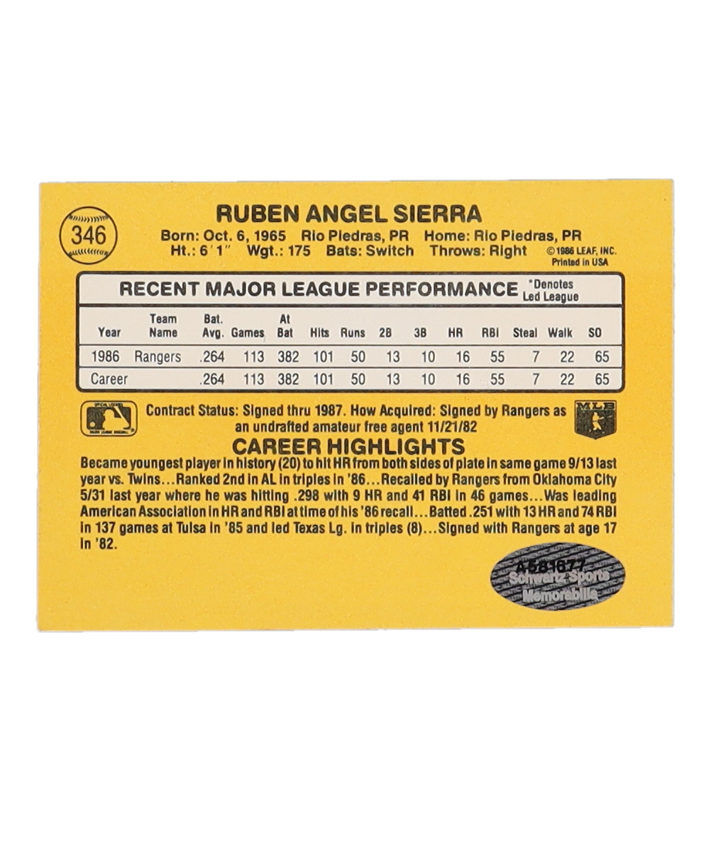 Ruben Sierra Signed 1987 Donruss #346 RC (Schwartz) at PristineAuction.com Ruben Sierra Signed 1987 Donruss #346 RC (Schwartz) at PristineAuction.com