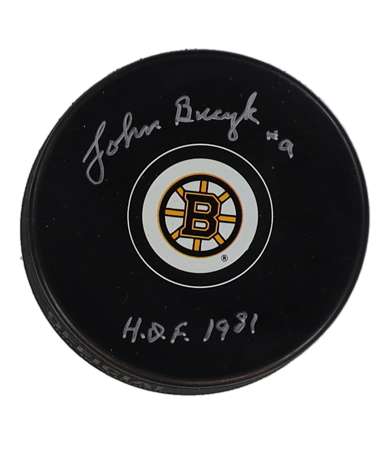 Johnny Bucyk Signed Bruins Logo Hockey Puck Inscribed "H.O.F. 1981" (Schwartz) at PristineAuction.com Johnny Bucyk Signed Bruins Logo Hockey Puck Inscribed "H.O.F. 1981" (Schwartz) at PristineAuction.com