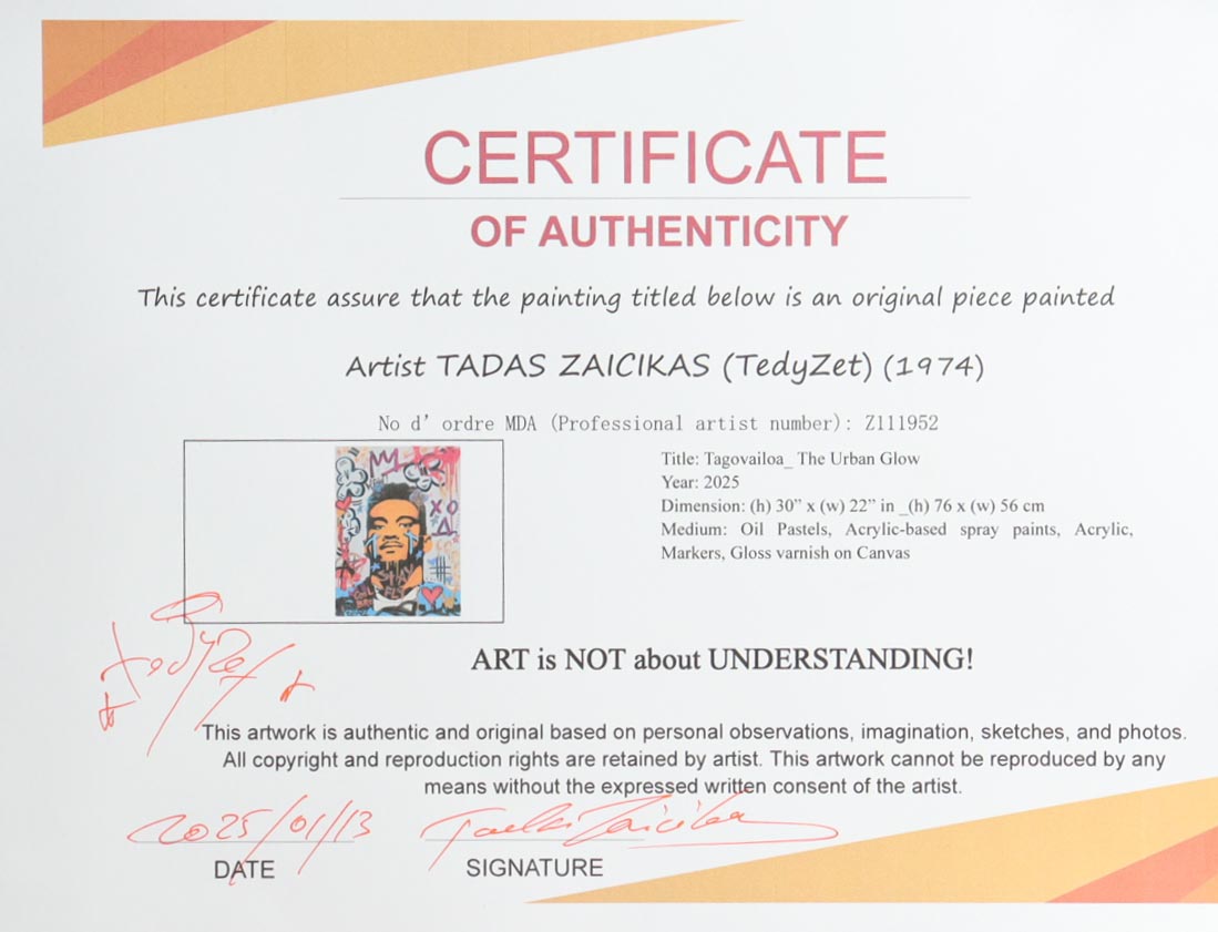 "Tagovailoa_ The Urban Glow" 22x30 2025 Original Painting on Canvas by Tadas Zaicikas | TedyZet (Zaicikas) at PristineAuction.com "Tagovailoa_ The Urban Glow" 22x30 2025 Original Painting on Canvas by Tadas Zaicikas | TedyZet (Zaicikas) at PristineAuction.com