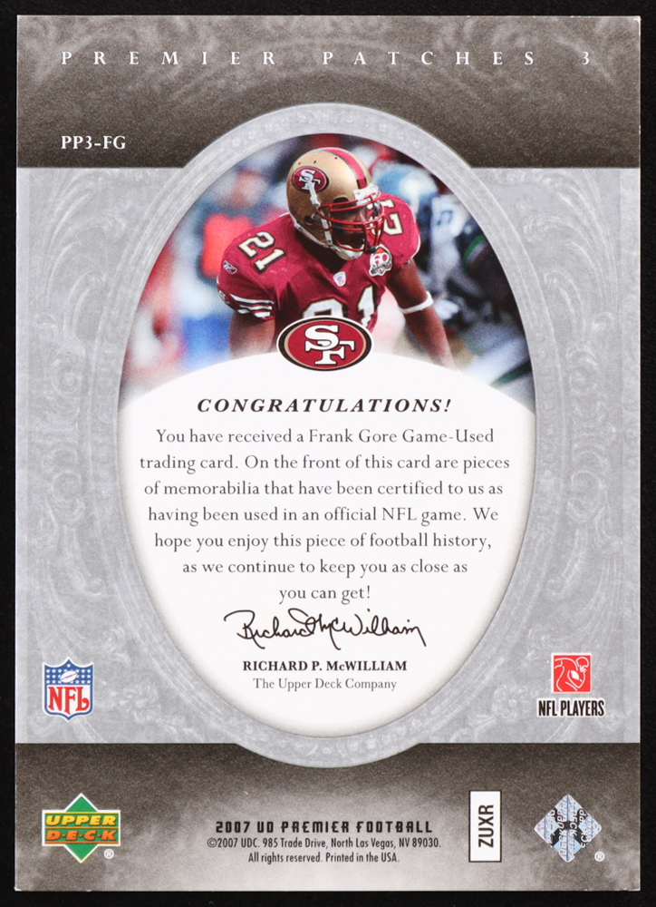 Frank Gore 2007 Upper Deck Premier Patches Triple #PP3FG #21/99 at PristineAuction.com Frank Gore 2007 Upper Deck Premier Patches Triple #PP3FG #21/99 at PristineAuction.com