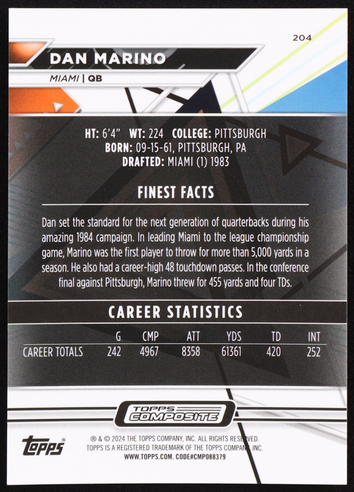 Dan Marino 2023 Topps Composite Finest Blue Checkerboard Refractors #204 #38/75 at PristineAuction.com Dan Marino 2023 Topps Composite Finest Blue Checkerboard Refractors #204 #38/75 at PristineAuction.com