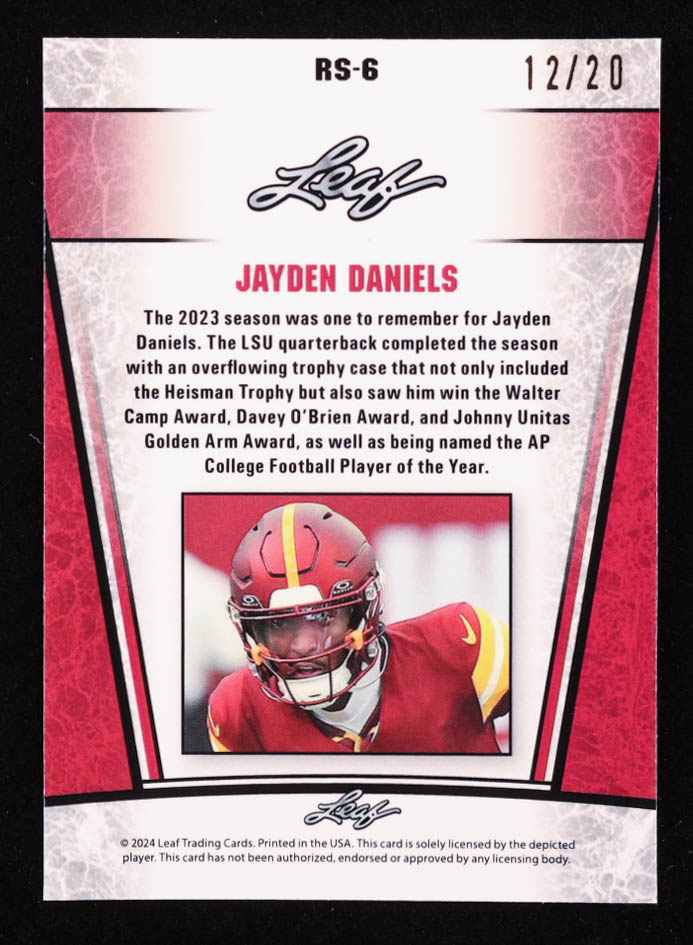 Jayden Daniels 2024 Leaf Metal Special Release Rookie Silver Crystal Blue #RS6 RC #12/20 at PristineAuction.com Jayden Daniels 2024 Leaf Metal Special Release Rookie Silver Crystal Blue #RS6 RC #12/20 at PristineAuction.com