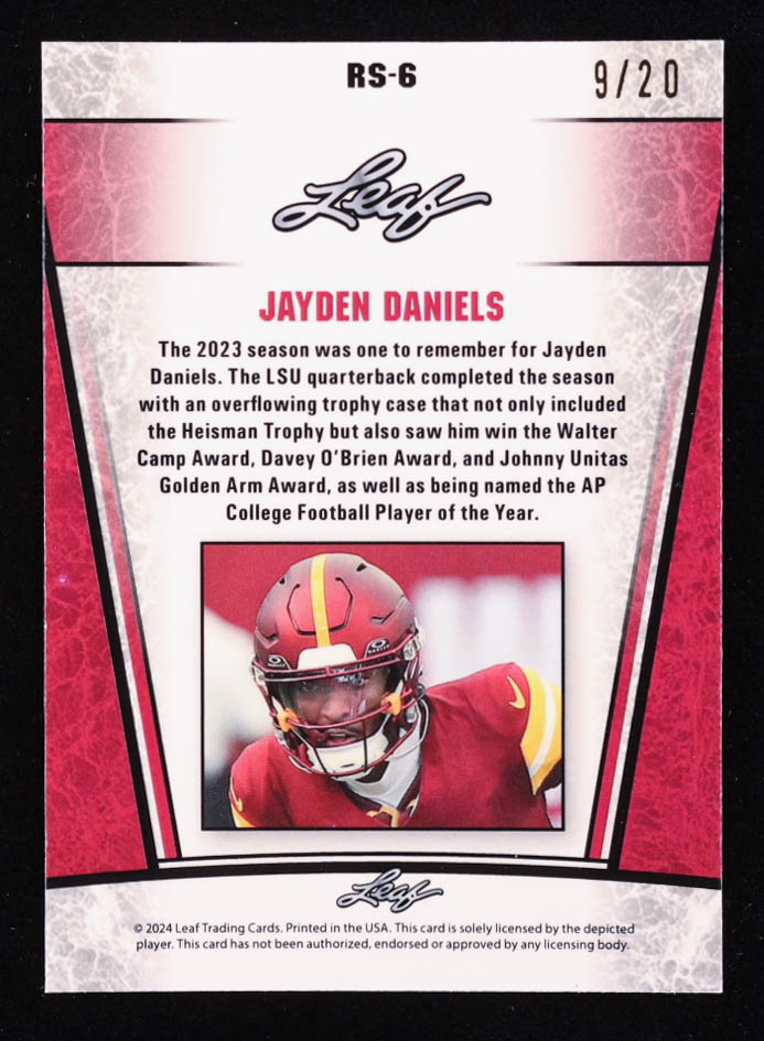 Jayden Daniels 2024 Leaf Metal Special Release Rookie Silver Crystal Blue #RS6 RC #9/20 at PristineAuction.com Jayden Daniels 2024 Leaf Metal Special Release Rookie Silver Crystal Blue #RS6 RC #9/20 at PristineAuction.com