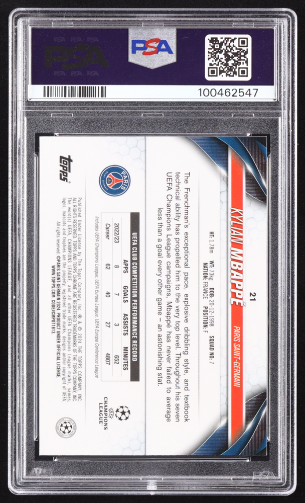 Kylian Mbappe 2023-24 Topps Chrome Sapphire UEFA Club Competitions #21 (PSA 10) at PristineAuction.com Kylian Mbappe 2023-24 Topps Chrome Sapphire UEFA Club Competitions #21 (PSA 10) at PristineAuction.com