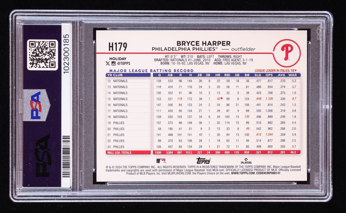 Bryce Harper 2024 Topps Holiday Metallic Blue Glitter #H179 (PSA 9) at PristineAuction.com Bryce Harper 2024 Topps Holiday Metallic Blue Glitter #H179 (PSA 9) at PristineAuction.com