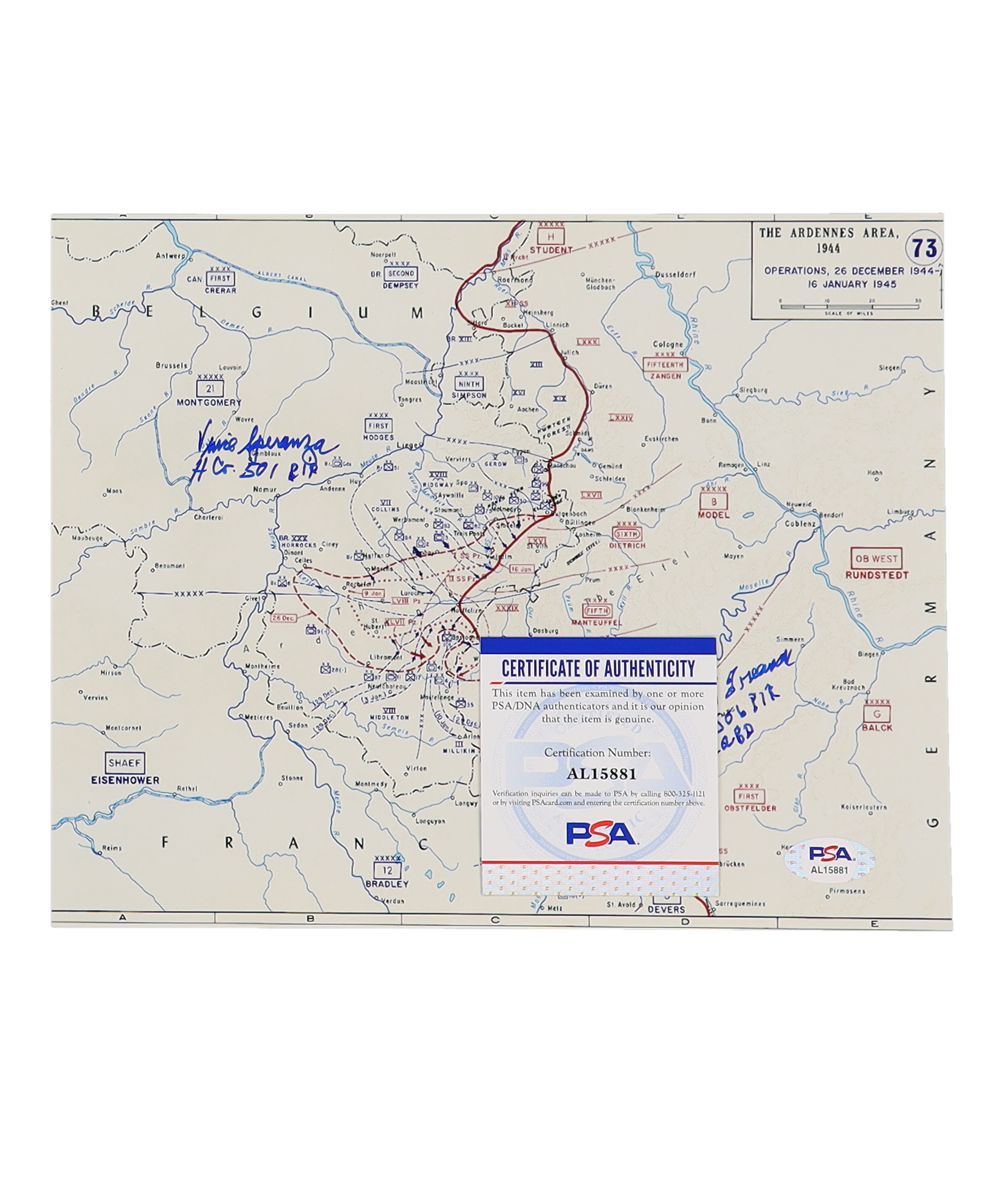 Vince Speranza & Bradford Freeman Signed "Battle of the Bulge Map" 8x10 Photo (PSA) at PristineAuction.com Vince Speranza & Bradford Freeman Signed "Battle of the Bulge Map" 8x10 Photo (PSA) at PristineAuction.com