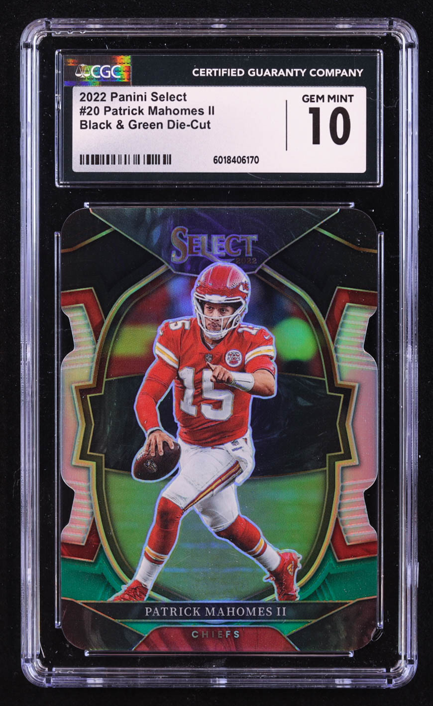 Patrick Mahomes II 2022 Select Prizm Black and Green Die Cut #20 (CGC 10) at PristineAuction.com Patrick Mahomes II 2022 Select Prizm Black and Green Die Cut #20 (CGC 10) at PristineAuction.com