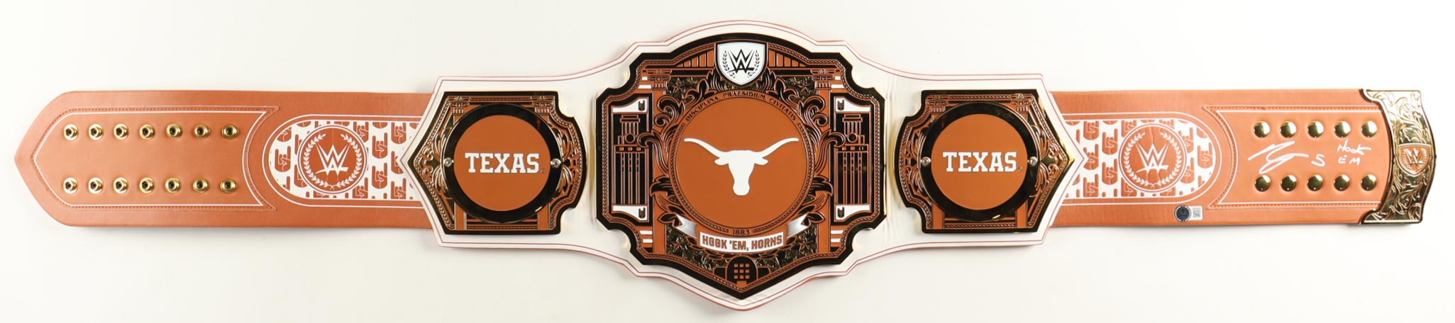Bijan Robinson Signed Texas Longhorns WWE Legacy Title Belt Inscribed "Hook 'Em" (Beckett) at PristineAuction.com Bijan Robinson Signed Texas Longhorns WWE Legacy Title Belt Inscribed "Hook 'Em" (Beckett) at PristineAuction.com
