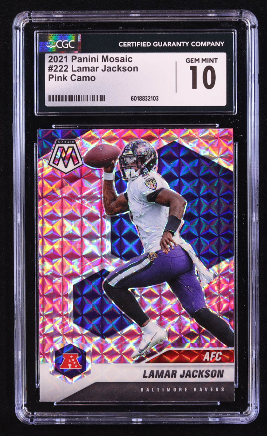 Lamar Jackson 2021 Panini Mosaic Mosaic Camo Pink #222 AFC (CGC 10) at PristineAuction.com Lamar Jackson 2021 Panini Mosaic Mosaic Camo Pink #222 AFC (CGC 10) at PristineAuction.com