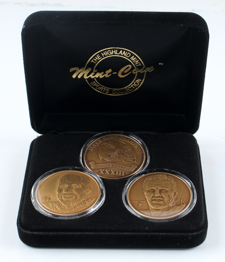 Set of (3) LE 1998 Broncos Super Bowl XXXIII Champs Highland Mint BronzeCoins at PristineAuction.com Set of (3) LE 1998 Broncos Super Bowl XXXIII Champs Highland Mint BronzeCoins at PristineAuction.com