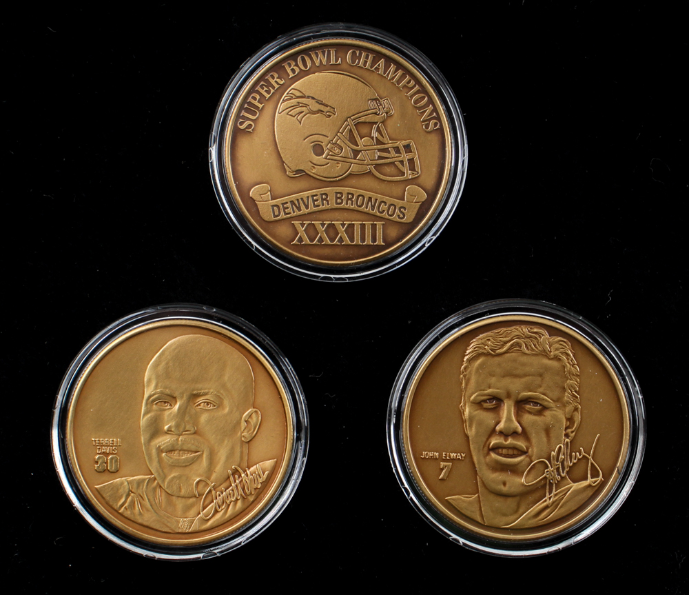 Set of (3) LE 1998 Broncos Super Bowl XXXIII Champs Highland Mint BronzeCoins at PristineAuction.com Set of (3) LE 1998 Broncos Super Bowl XXXIII Champs Highland Mint BronzeCoins at PristineAuction.com