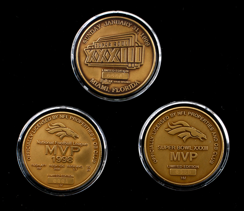 Set of (3) LE 1998 Broncos Super Bowl XXXIII Champs Highland Mint BronzeCoins at PristineAuction.com Set of (3) LE 1998 Broncos Super Bowl XXXIII Champs Highland Mint BronzeCoins at PristineAuction.com