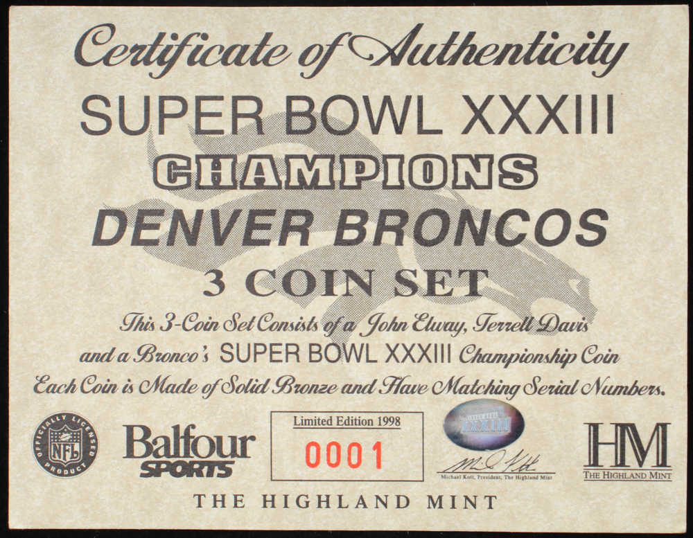 Set of (3) LE 1998 Broncos Super Bowl XXXIII Champs Highland Mint BronzeCoins at PristineAuction.com Set of (3) LE 1998 Broncos Super Bowl XXXIII Champs Highland Mint BronzeCoins at PristineAuction.com