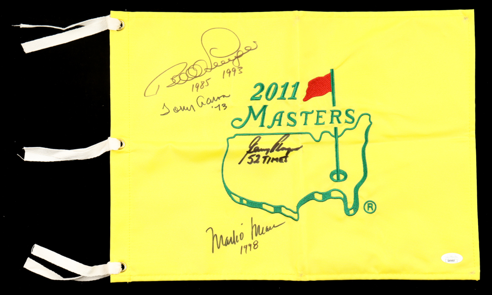 Gary Player, Bernard Langer, Mark O'Meara & Tommy Aaron Signed 2011Masters Tournament Pin Flag Inscribed "'73", "1998", "1985 1993" & "52 Times" (JSA) at PristineAuction.com Gary Player, Bernard Langer, Mark O'Meara & Tommy Aaron Signed 2011Masters Tournament Pin Flag Inscribed "'73", "1998", "1985 1993" & "52 Times" (JSA) at PristineAuction.com