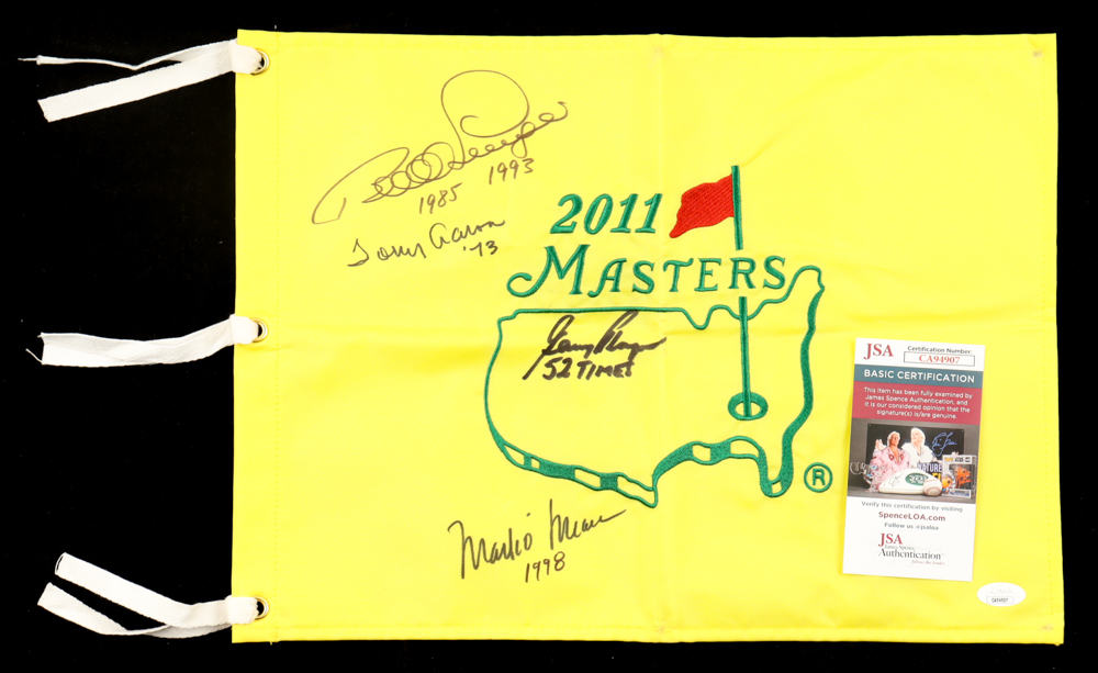 Gary Player, Bernard Langer, Mark O'Meara & Tommy Aaron Signed 2011Masters Tournament Pin Flag Inscribed "'73", "1998", "1985 1993" & "52 Times" (JSA) at PristineAuction.com Gary Player, Bernard Langer, Mark O'Meara & Tommy Aaron Signed 2011Masters Tournament Pin Flag Inscribed "'73", "1998", "1985 1993" & "52 Times" (JSA) at PristineAuction.com