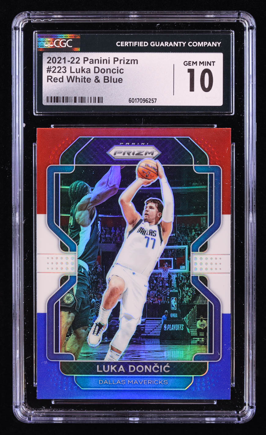 Luka Doncic 2021-22 Panini Prizm Prizms Red White and Blue #223 (CCG 10) at PristineAuction.com Luka Doncic 2021-22 Panini Prizm Prizms Red White and Blue #223 (CCG 10) at PristineAuction.com