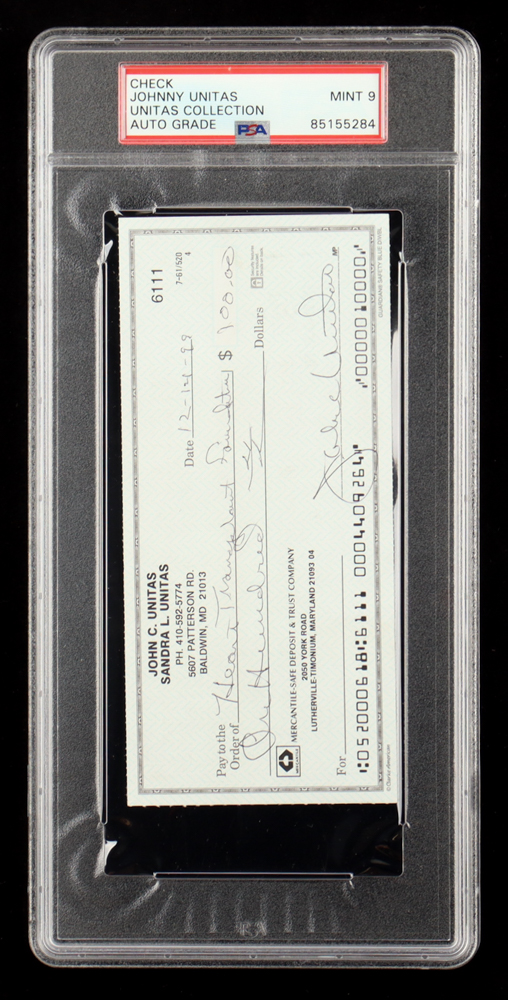 Johnny Unitas Signed 1999 Personal Check (PSA | Autograph Graded 9) at PristineAuction.com Johnny Unitas Signed 1999 Personal Check (PSA | Autograph Graded 9) at PristineAuction.com