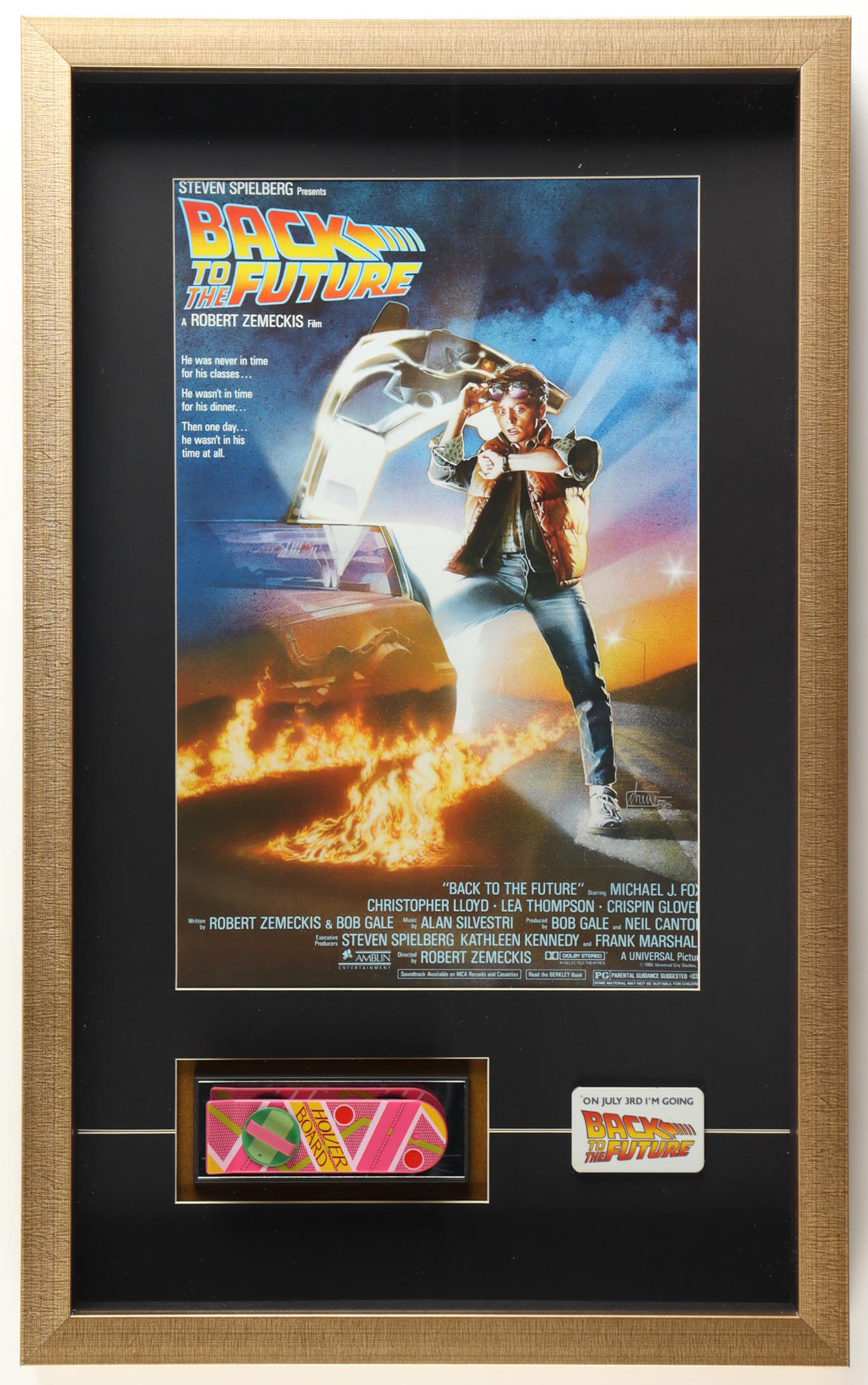 "Back to The Future " Custom Framed Poster Print Display with Mini Replica Hover Board & Pre Release Movie Pin at PristineAuction.com "Back to The Future " Custom Framed Poster Print Display with Mini Replica Hover Board & Pre Release Movie Pin at PristineAuction.com