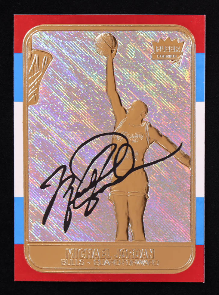 Michael Jordan 1997 Fleer Premier Signature Series Holo Prism Refractor 23Kt Gold Card at PristineAuction.com Michael Jordan 1997 Fleer Premier Signature Series Holo Prism Refractor 23Kt Gold Card at PristineAuction.com