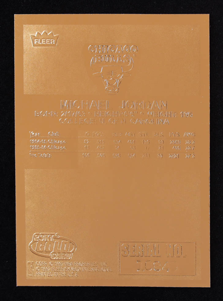 Michael Jordan 1997 Fleer Premier Signature Series Holo Prism Refractor 23Kt Gold Card at PristineAuction.com Michael Jordan 1997 Fleer Premier Signature Series Holo Prism Refractor 23Kt Gold Card at PristineAuction.com
