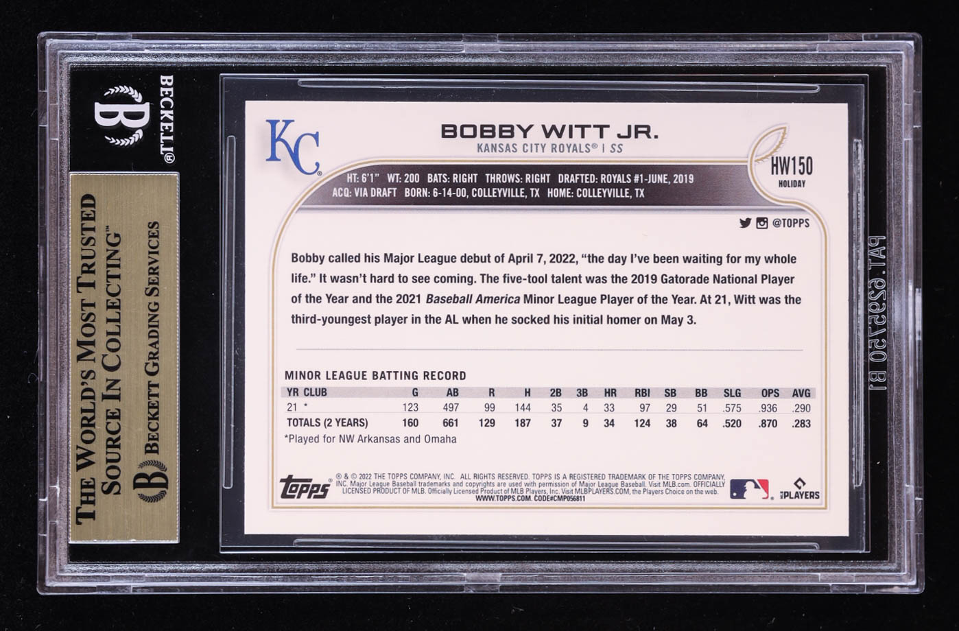 Bobby Witt Jr. 2022 Topps Holiday #HW150 RC (BGS 9.5) at PristineAuction.com Bobby Witt Jr. 2022 Topps Holiday #HW150 RC (BGS 9.5) at PristineAuction.com