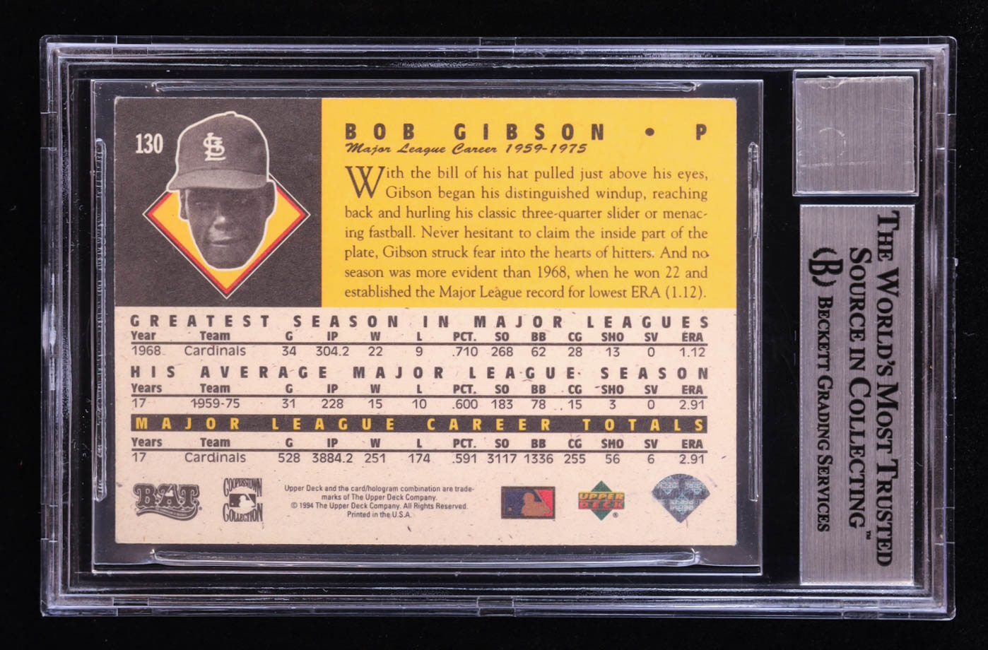 Bob Gibson Signed 1994 Upper Deck All-Time Heroes #130 (BGS | Auto 10) at PristineAuction.com Bob Gibson Signed 1994 Upper Deck All-Time Heroes #130 (BGS | Auto 10) at PristineAuction.com
