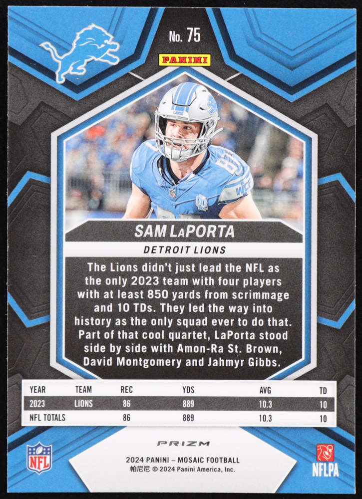 Sam LaPorta 2024 Panini Mosaic Honeycomb #75 at PristineAuction.com Sam LaPorta 2024 Panini Mosaic Honeycomb #75 at PristineAuction.com