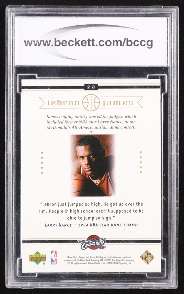 LeBron James 2003 Upper Deck LeBron James Box Set #22 RC / Above the Rim (BCCG 10) at PristineAuction.com LeBron James 2003 Upper Deck LeBron James Box Set #22 RC / Above the Rim (BCCG 10) at PristineAuction.com