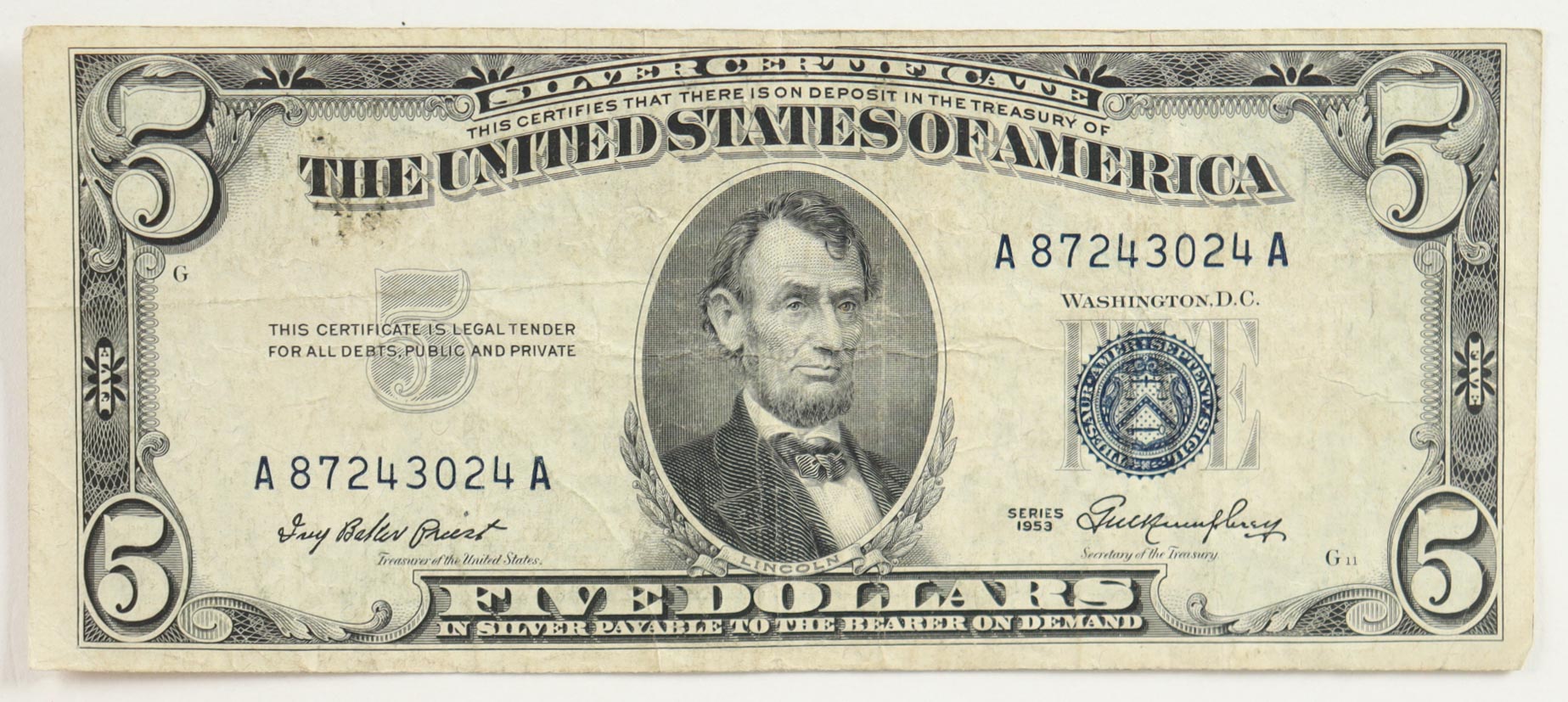 1953 U.S. $5 Five Dollars Legal Tender Note - Blue Seal at PristineAuction.com 1953 U.S. $5 Five Dollars Legal Tender Note - Blue Seal at PristineAuction.com